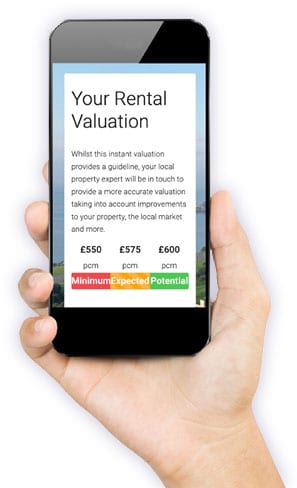 Hand holding example of instant online rental valuation on iPhone